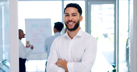 Image showing Leadership, confidence and proud businessman in startup office with smile and vision at marketing workshop. Team leader, ceo and happy man, advisory consultant in creative advertising agency in India