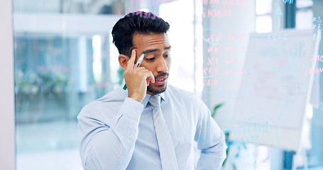 Image showing Thinking, strategy and serious businessman writing on glass wall with thoughtful analysis in office. Brainstorming, planning and vision of corporate worker with focus, concentration and idea.