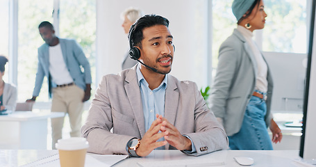 Image showing Customer service, call center and man consulting in office workplace. Crm, customer support and telemarketing worker, sales agent or happy male consultant talking, networking or communication at desk