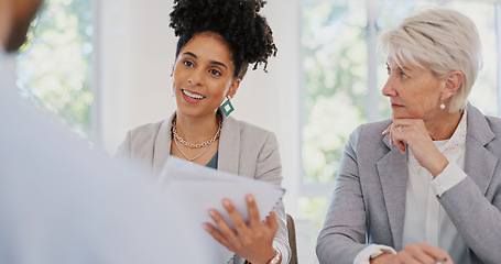 Image showing Teamwork, documents and women in business meeting for planning, strategy and marketing report. Collaboration, management and professional workers in discussion with paperwork, review and proposal