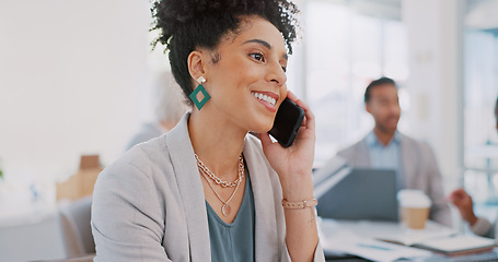 Image showing Phone call, smile or business woman in office for comic communication, networking or happy conversation. Employee, manager or female with smartphone for success, discussion or startup deal motivation