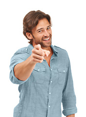 Image showing White background, smile and portrait of man pointing in studio for motivation, choice and encouragement in studio. Marketing, advertising and mockup of male with hand gesture, point finger and sign