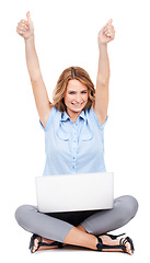 Image showing Laptop, thumbs up and business woman on studio floor happy, excited and winning on white background. Portrait, hand and success sign by female entrepreneur celebrating good news, idea or mission plan