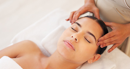 Image showing Spa, head massage and calm woman enjoying a relaxing treatment in a wellness, health and beauty center. Relax, peace and therapist doing relaxation therapy for a girl at a luxury natural salon.