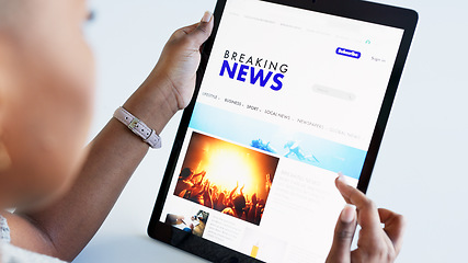 Image showing Hands, tablet and news with a woman reading on a website and doing research on current events. Headline, article and information with the hand of a female user browsing the internet with an app