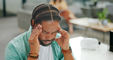 Image showing Headache, tired and burnout business man, working on laptop in office with stress, anxiety and burnout. Fatigue, depression and mental health risk of black man employee headache, angry or frustrated