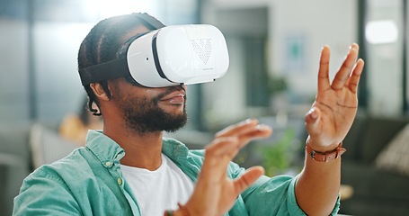 Image showing Virtual reality, vr metaverse and black man work on cyber dashboard, augmented reality or ai software. Digital transformation, future headset and creative graphic designer with futuristic simulation