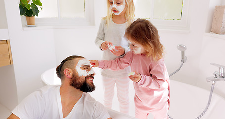 Image showing Skincare, father and bonding with children or little girls in home bathroom. Fun, loving and caring dad bond with daughter siblings while applying face mask for smooth, glowing and healthy skin