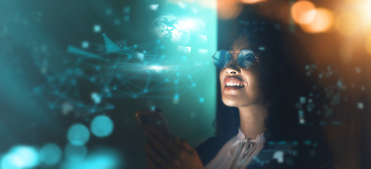 Image showing Black woman, technology overlay and phone in office for fintech, data analytics or digital job in night. Cybersecurity expert, research or happy in dark for 3d hologram abstract in programming code