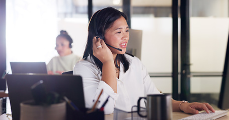 Image showing Call center, customer service and Asian woman consultant in the office doing a consultation online. Contact us, ecommerce sales professional and female telemarketing agent working on a crm