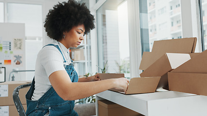 Image showing Woman ecommerce entrepreneur, boxes for packaging and online retail store product sales. Startup business, internet shopping delivery and using handmade containers for distribution of customers order