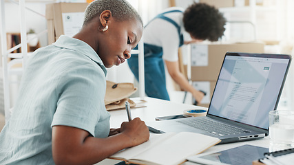 Image showing Planning, writing and black woman working on company or business schedule, work calendar and meeting agenda. Receptionist, employee or worker with creative startup, ecommerce or marketing checklist.