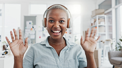 Image showing Video call, communication and delivery with a woman courier talking while holding a box or package in her office. Ecommerce, marketing and advertising with a shipping or logistics professional online