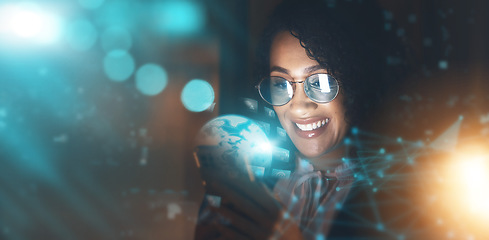 Image showing Business woman, overlay and global tech at night for network connection and information technology. Iot, smile and future 3d world hologram mockup, person in dark workplace for digital data research