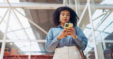 Image showing Phone call, smile or black woman travel in airport, office building or street for communication, networking or 5g network. London, tech or happy girl with smartphone walking, commute or travelling