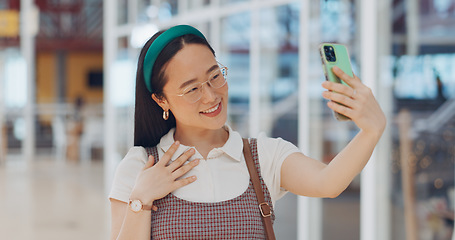 Image showing Selfie, phone and asian business woman smile in office for social media, marketing and employee happiness. Smartphone photography, happy management motivation and positive mindset success on mobile