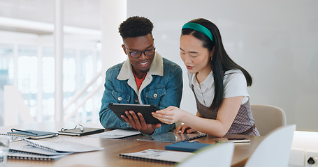 Image showing Business people, tablet or web design meeting in modern office, digital marketing company or advertising startup. Happy smile, talking creative designers and black man, asian woman on logo technology