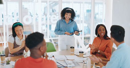 Image showing Presentation, tablet and planning with business people in meeting for review, agenda and branding idea. Marketing strategy, logo and coaching with employee in startup for vision, creative and data