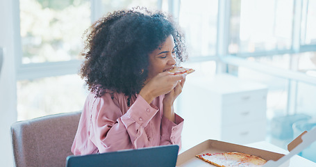 Image showing Business woman, pizza and eating in office, enjoy lunch with fast food meal and hungry while working. Professional black woman on break, food and nutrition with success and satisfaction.