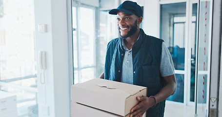 Image showing Black man ecommerce and box for delivery to office, excited and wow for deal, discount or gift. Happy delivery man, e commerce customer and logistics in startup workplace for online shopping