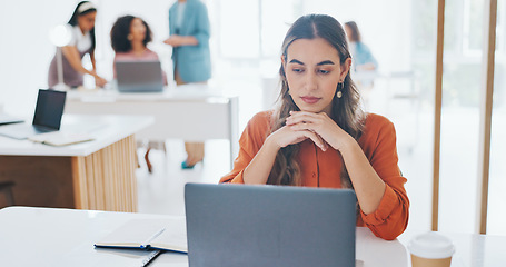 Image showing Corporate woman, smile and face in office for vision, success and goals at digital marketing startup. Woman, desk and happy in portrait for seo, marketing and goals in modern office in San Francisco