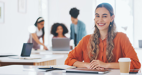 Image showing Corporate woman, smile and face in office for vision, success and goals at digital marketing startup. Woman, desk and happy in portrait for seo, marketing and goals in modern office in San Francisco