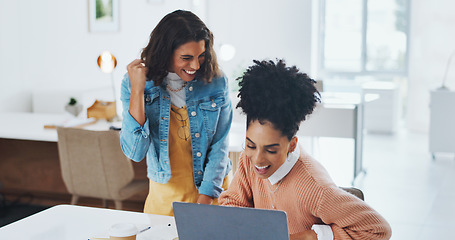 Image showing High five, laptop or happy employees with success in celebration of digital marketing SEO goals or kpi target. Bonus, wow or excited black woman or girl winner celebrate winning, email or good news