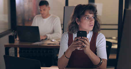 Image showing Smartphone, office and business woman with social media networking, feedback and online review of data analytics, seo and app management. Focus, typing and digital marketing worker on cellphone chat