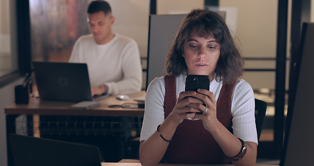 Image showing Smartphone, office and business woman with social media networking, feedback and online review of data analytics, seo and app management. Focus, typing and digital marketing worker on cellphone chat