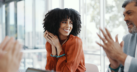 Image showing Business, black woman and leader talking to team, staff and creative brainstorming. African American female, leadership and group project for advertising, training for new campaign and collaboration.