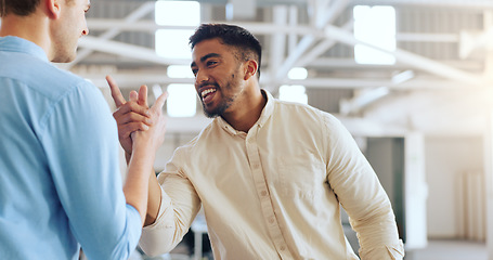 Image showing Handshake, greeting and business men at work with a welcome, thank you or communication. Happy, casual and corporate employees with hand gesture for a hello, agreement and coworking in an office