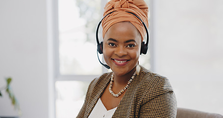 Image showing Face, customer service and black woman at call center consulting in office. Telemarketing, customer support or female sales agent, consultant and employee in communication, talking or speaking on mic