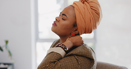 Image showing Business, neck pain and black woman with stress, burnout and in office. African American female employee, lady and administrator overworked, tired and anxiety for planning, deadline and headache.