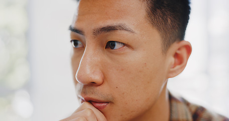 Image showing Business, stress and Asian man thinking, frustrated and depression in office. Male entrepreneur, manager and ceo with mental health, anxiety and pressure for advertising campaign schedule or employee