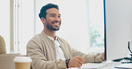 Image showing Internet, search and businessman on a computer for planning, creative and happy in office. Male, entrepreneur and handsome, corporate and employee typing, browsing and email, smile and satisfied