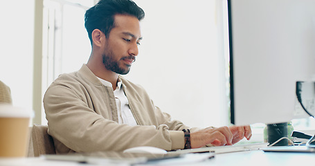 Image showing Office laptop, hands and businessman typing feedback review of social media, customer experience or e commerce website. Data analytics, research report and media analyst doing online survey analysis