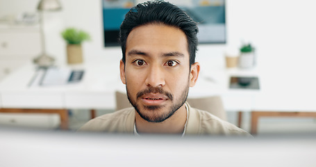 Image showing Asian man, face thinking and idea with computer, planning and brainstorming for success in programming. Tech startup worker, executive focus and solution with innovation by desktop pc in workplace