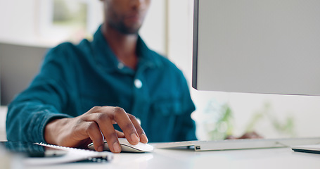 Image showing Office computer mouse, hands and black man working feedback review of social media, customer experience or ecommerce. Website analytics, research report and media analyst doing online survey analysis