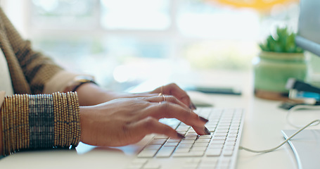 Image showing Hands typing closeup, woman and time lapse at startup office with speed for goal, target or schedule. Office, seo expert and computer for website traffic, search data analytics and planning strategy