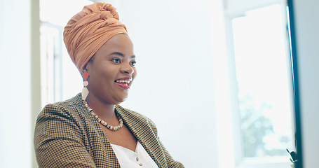 Image showing Corporate black woman, typing and celebration in office for success, promotion or winning at desk. African executive, celebrate and pc with email, communication or profit with smile, bonus and winner