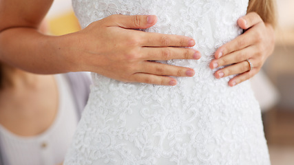 Image showing Wedding dress, happy bride and woman fitting on elegant lace gown at dressmaker in a shop, store or boutique. Dream, smile and bridal wear with female or customer choosing the perfect style for her