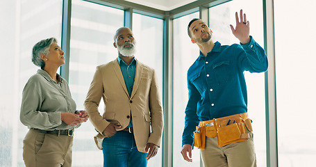 Image showing Diversity, interior architecture team and building layout design meeting collaboration. Business management leaders, construction strategy planning together and industrial engineer teamwork