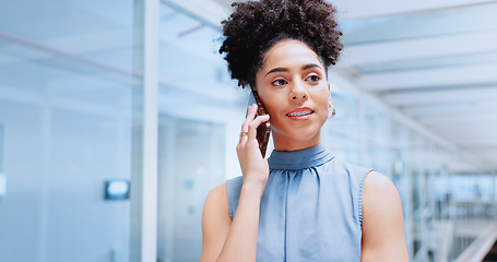 Image showing Corporate woman, smartphone and call while listening in office, thinking and vision in consulting job. Black woman, phone call and listen to conversation, idea or offer on network for finance company