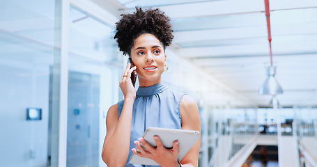 Image showing Corporate, woman and entrepreneur with tablet, typing and digital marketing in workplace, smile and focus. Female employee, leader and consultant busy with online research, app and schedule planning