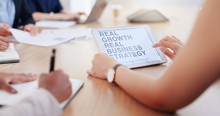 Image showing Meeting, hands and writing with a business team using a tablet while planning in a boardroom. Data, finance and strategy with an employee working in collaboration at the office for growth or success