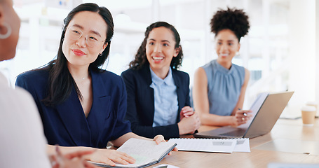 Image showing Teamwork, laptop and business people with documents in meeting. Planning, collaboration and group of women with computer and paperwork for reviewing sales, advertising or marketing strategy in office