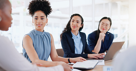 Image showing Laptop, documents and teamwork of business people in meeting. Planning, collaboration and group of women with computer and paperwork discussing sales, advertising or marketing strategy in office.