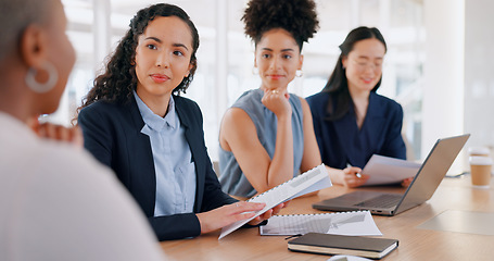 Image showing Teamwork, collaboration and business people with documents in meeting. Planning, laptop and group of women with computer and paperwork discussing sales, advertising or marketing strategy in office.