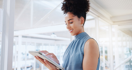 Image showing Tablet, research and planning with a business black woman at work in her office for growth or development. Data, innovation and search with a female employee checking her schedule or calendar online