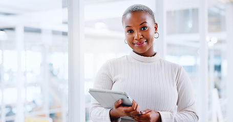 Image showing Business, woman and employee with tablet, modern office and typing for online research, data analysis and website launch. Female entrepreneur, lady and ceo with digital marketing and search internet